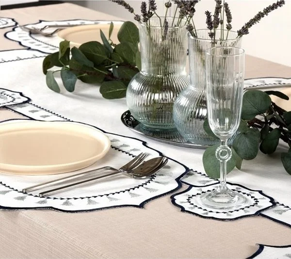 Runner Amerikan Seti Püskül Nature Nakışlı Beyaza Lacivert 13 Parça