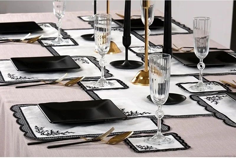 Runner Amerikan Seti Dal Nature Nakışlı Beyaza Siyah 13 Parça