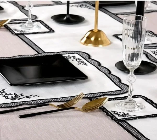 Runner Amerikan Seti Dal Nature Nakışlı Beyaza Siyah 13 Parça