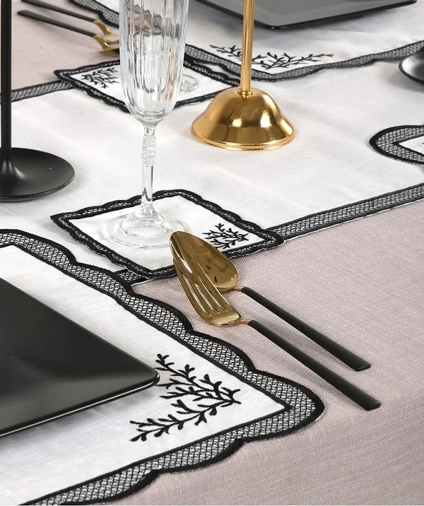 Runner Amerikan Seti Dal Nature Nakışlı Beyaza Siyah 13 Parça