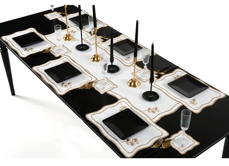 Runner Amerikan Seti Dianna Nature Nakışlı Beyaza Gold 13 Parça