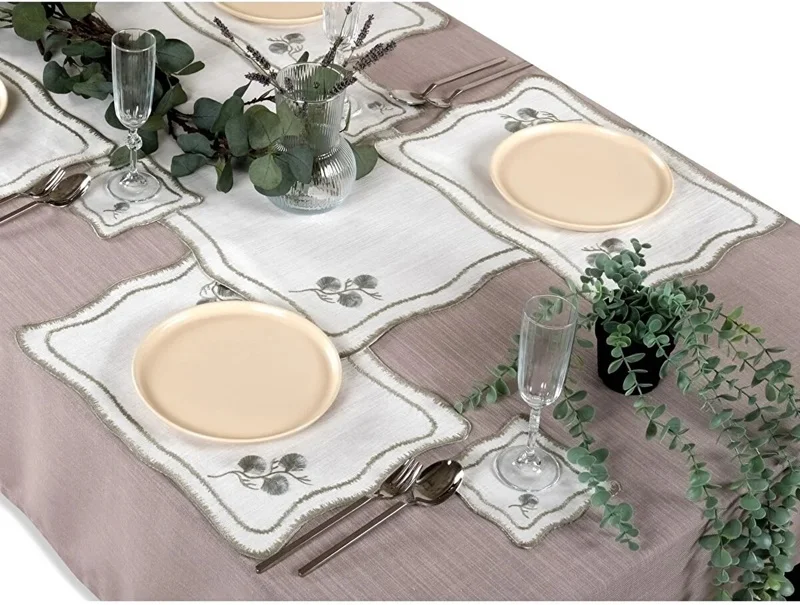 Runner Amerikan Seti Dianna Nature Nakışlı Beyaza Gri 13 Parça