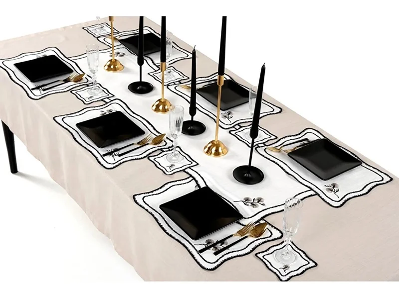 Runner Amerikan Seti Dianna Nature Nakışlı Beyaza Siyah 13 Parça