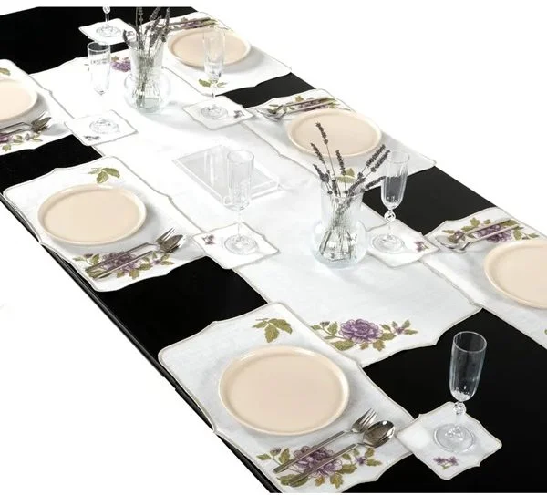 Runner Amerikan Seti Rosa Nature Nakışlı Beyaza Mor Yeşil 13 Parça