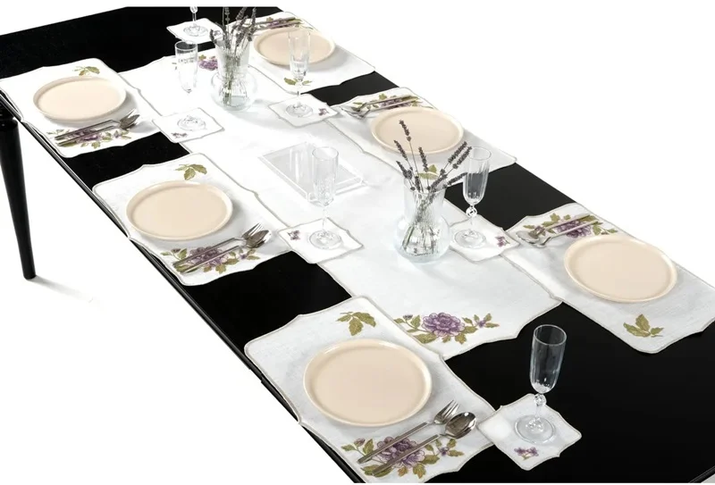 Runner Amerikan Seti Rosa Nature Nakışlı Beyaza Mor Yeşil 13 Parça