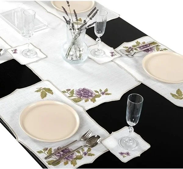 Runner Amerikan Seti Rosa Nature Nakışlı Beyaza Mor Yeşil 13 Parça