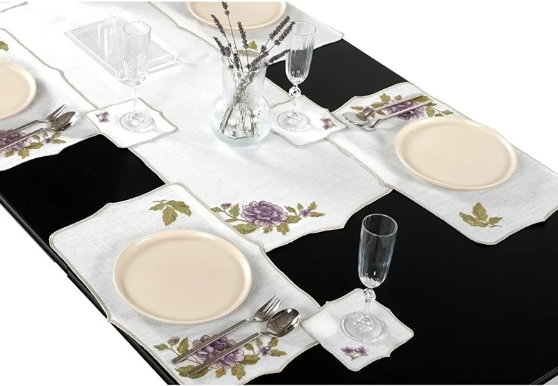 Runner Amerikan Seti Rosa Nature Nakışlı Beyaza Mor Yeşil 13 Parça