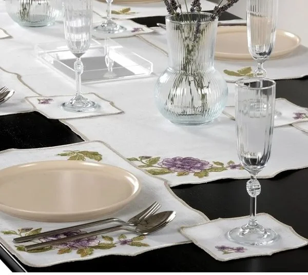 Runner Amerikan Seti Rosa Nature Nakışlı Beyaza Mor Yeşil 13 Parça