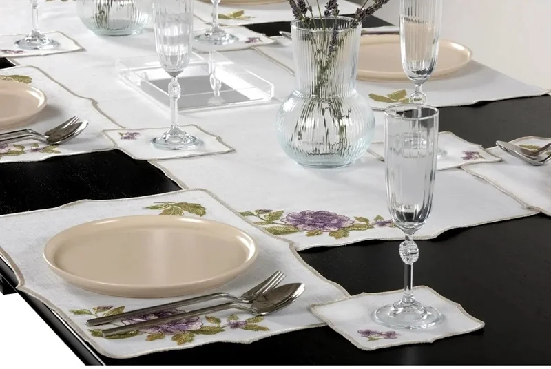 Runner Amerikan Seti Rosa Nature Nakışlı Beyaza Mor Yeşil 13 Parça