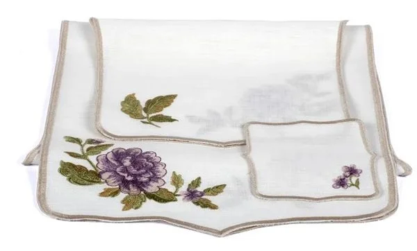 Runner Amerikan Seti Rosa Nature Nakışlı Beyaza Mor Yeşil 13 Parça