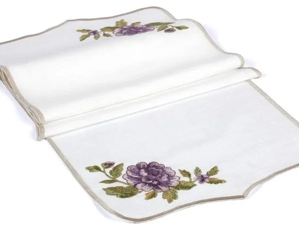 Runner Amerikan Seti Rosa Nature Nakışlı Beyaza Mor Yeşil 13 Parça