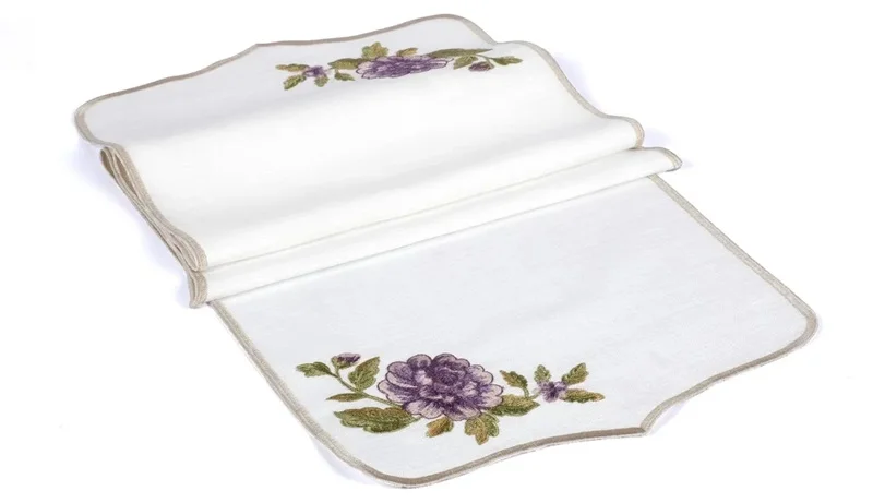 Runner Amerikan Seti Rosa Nature Nakışlı Beyaza Mor Yeşil 13 Parça