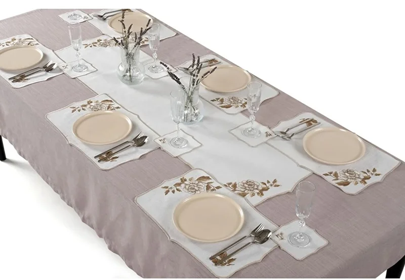 Runner Amerikan Seti Rosa Nature Nakışlı Beyaza Kahve 13 Parça