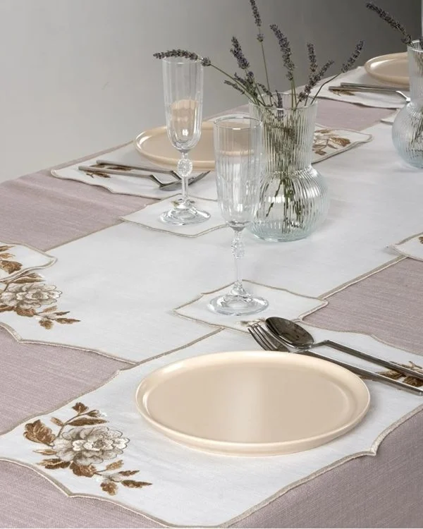 Runner Amerikan Seti Rosa Nature Nakışlı Beyaza Kahve 13 Parça