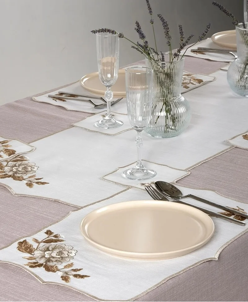 Runner Amerikan Seti Rosa Nature Nakışlı Beyaza Kahve 13 Parça