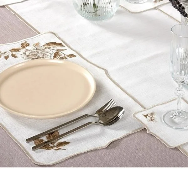 Runner Amerikan Seti Rosa Nature Nakışlı Beyaza Kahve 13 Parça