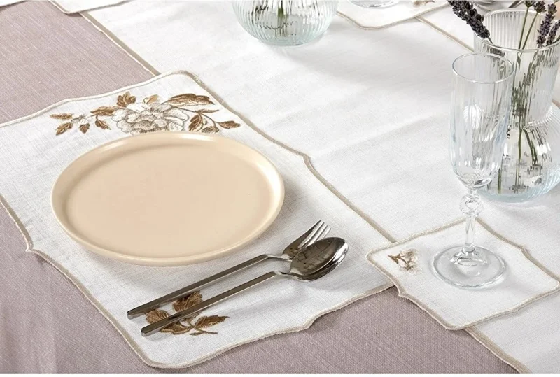 Runner Amerikan Seti Rosa Nature Nakışlı Beyaza Kahve 13 Parça