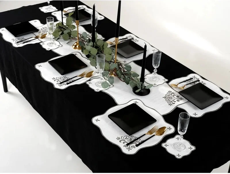 Runner Amerikan Seti Queen Nature Nakışlı Beyaza Gri 13 Parça