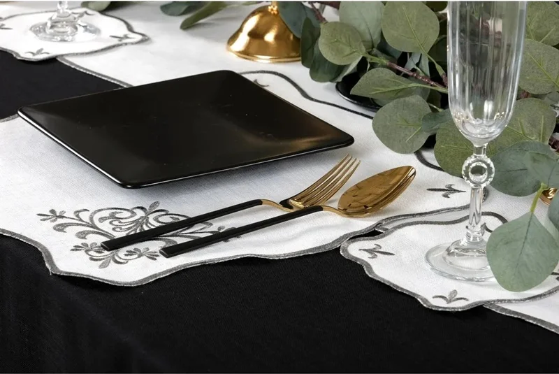 Runner Amerikan Seti Queen Nature Nakışlı Beyaza Gri 13 Parça