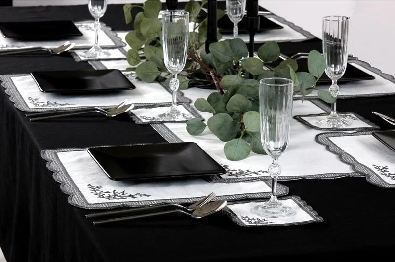 Runner Amerikan Seti Dal Nature Nakışlı Beyaza Gri 13 Parça