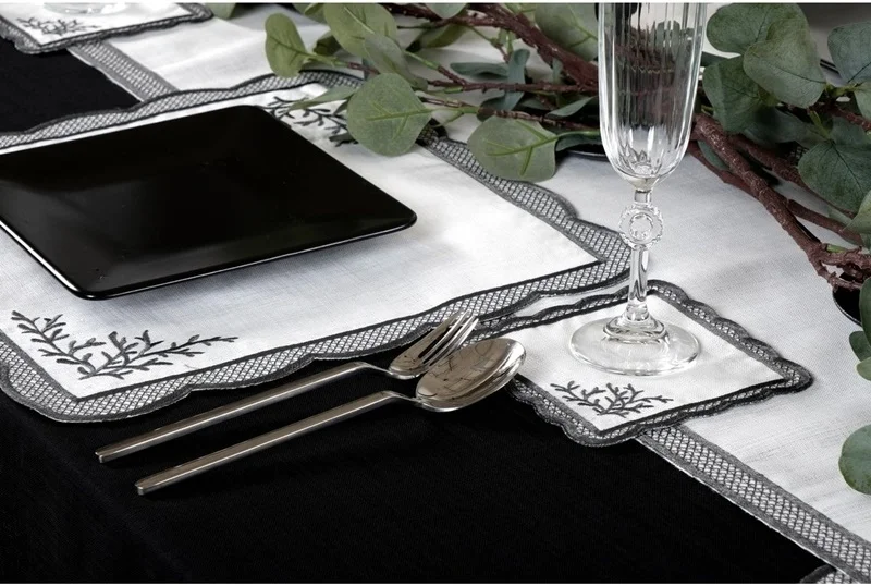 Runner Amerikan Seti Dal Nature Nakışlı Beyaza Gri 13 Parça