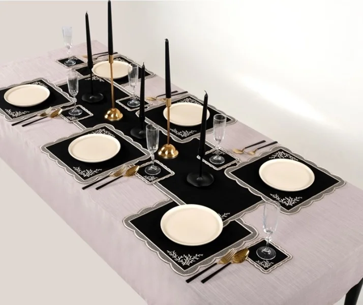 Runner Amerikan Seti Dal Nature Nakışlı Siyah 13 Parça