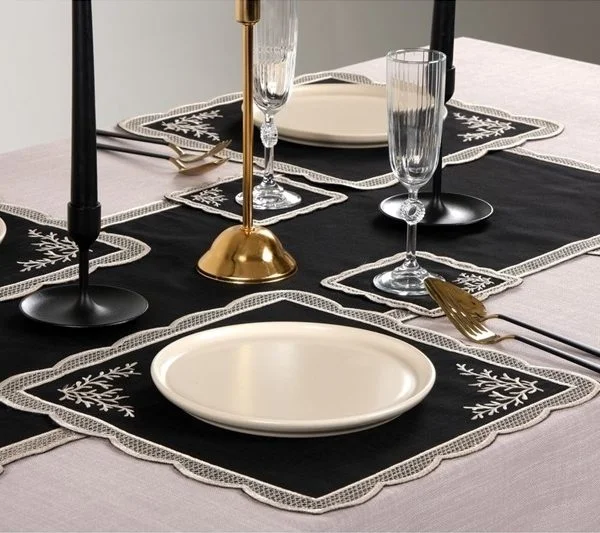 Runner Amerikan Seti Dal Nature Nakışlı Siyah 13 Parça