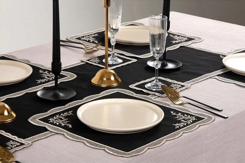 Runner Amerikan Seti Dal Nature Nakışlı Siyah 13 Parça