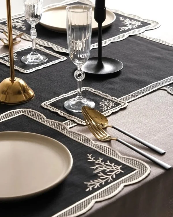 Runner Amerikan Seti Dal Nature Nakışlı Siyah 13 Parça