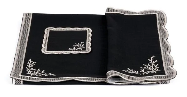 Runner Amerikan Seti Dal Nature Nakışlı Siyah 13 Parça