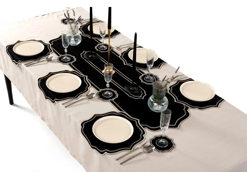 Runner Amerikan Seti Balık Sırtı Nakışlı Siyah 13 Parça Nature Serisi