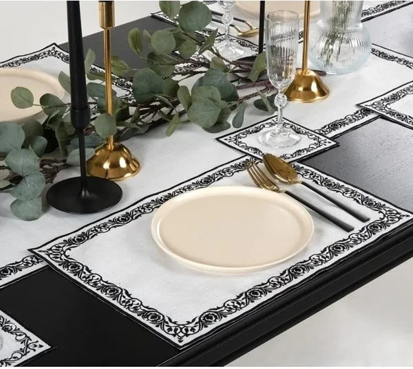 Runner Amerikan Seti Sienal Nature Nakışlı Beyaza Siyah 13 Parça