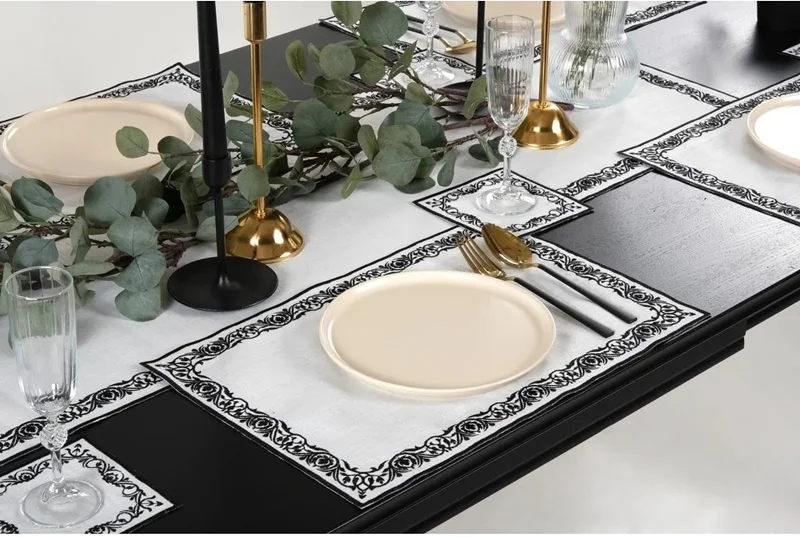 Runner Amerikan Seti Sienal Nature Nakışlı Beyaza Siyah 13 Parça