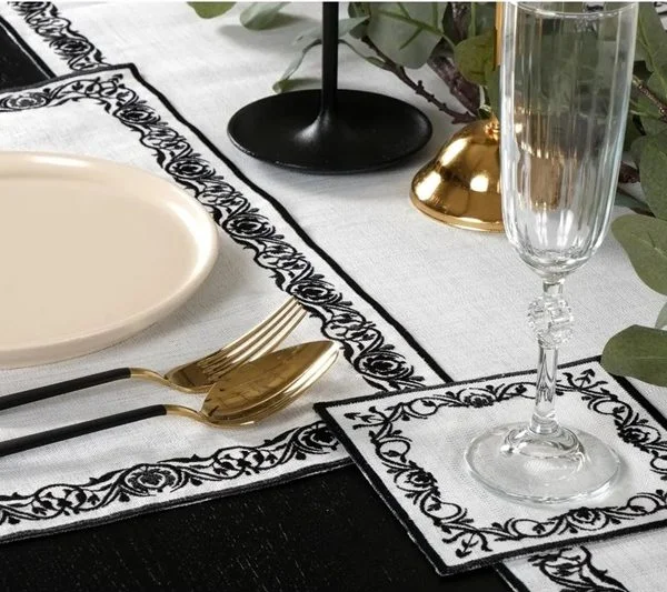 Runner Amerikan Seti Sienal Nature Nakışlı Beyaza Siyah 13 Parça