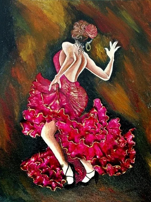 Eviniz için özel tasarım yağlı boya dokulu fuşya elbiseli flamenko dansçısı figürlü dikişsiz duvar kağıdı.