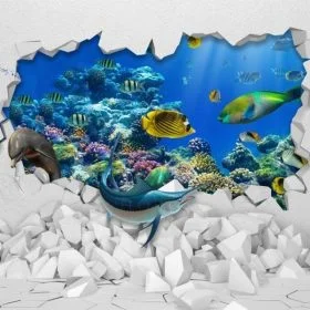 Beyaz tuğla duvarı delip geçen yunus, kılıç balığı ve rengarenk mercan resifli 3D görsel.