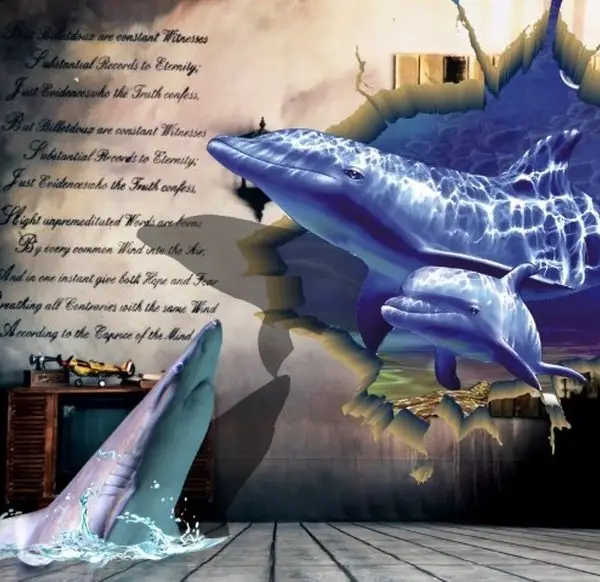 Beyaz tuğla duvarı delip geçen yunuslar ve zeminden çıkan 3D köpek balıklı okyanus manzaralı görsel.