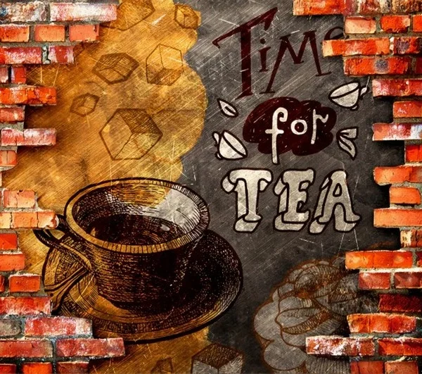 Kırmızı tuğla desenli zemin üzerinde ahşap ve kara tahta detaylı Time for Tea yazılı profesyonel duvar kağıdı.
