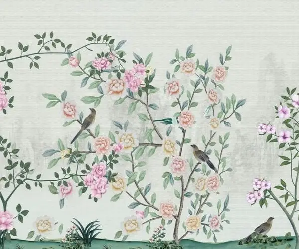açık bebek mavisi zemin üzerinde üç adet nar bülbülü kuşu ve beyaz pembe bahar çiçeği dalları duvar kağıdı