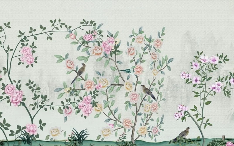 açık bebek mavisi zemin üzerinde üç adet nar bülbülü kuşu ve beyaz pembe bahar çiçeği dalları duvar kağıdı