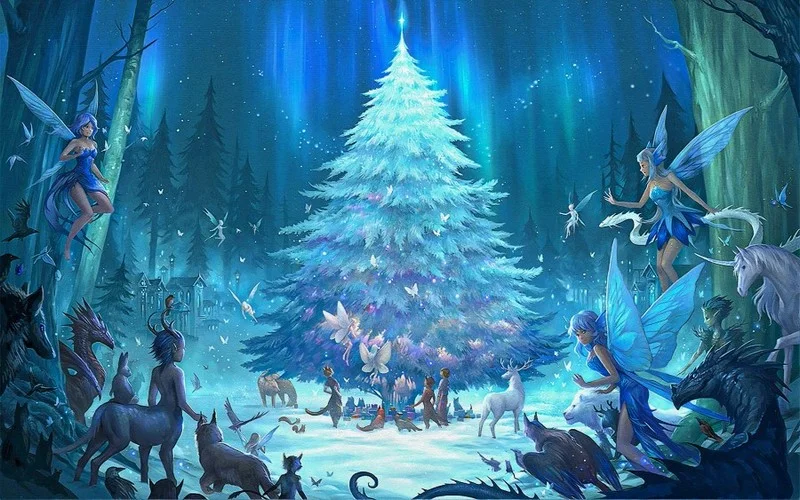 Karlı ormanda parlayan fantástico Noel çam ağacı etrafında unicorn, peri ve geyiklerin bulunduğu 3D duvar kağıdı.