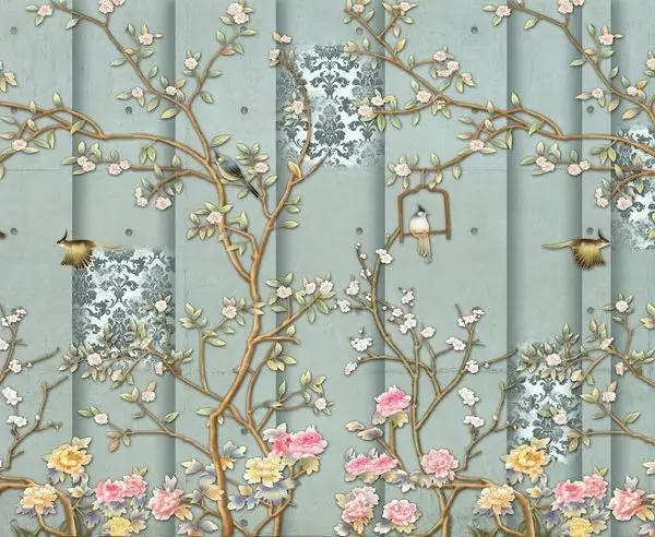 mavi damask desenli fon uzerinde beyaz sakura dallari pembe sakayiklar ve kuslu duvar kagidi