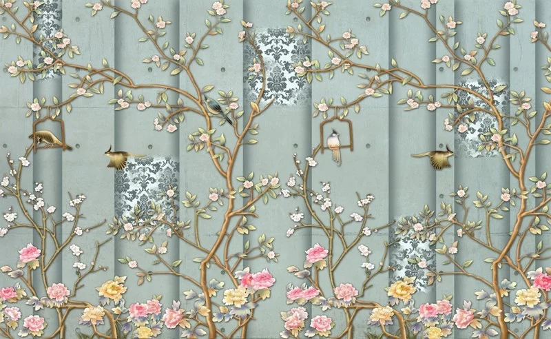 mavi damask desenli fon uzerinde beyaz sakura dallari pembe sakayiklar ve kuslu duvar kagidi