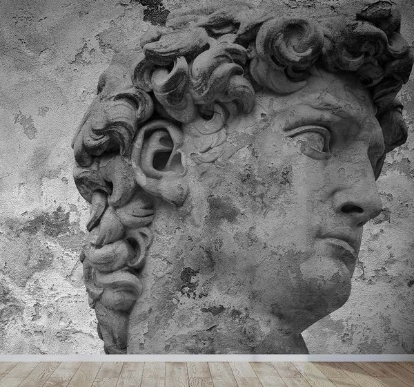 Trendyol ve Hepsiburada'da aranan Michelangelo Davut büstü antik desen duvar kağıdı, lüks iç mimarlık projeleri için eskitme dokulu dijital baskı poster. (Edofleks ve Dekoros tarzı).