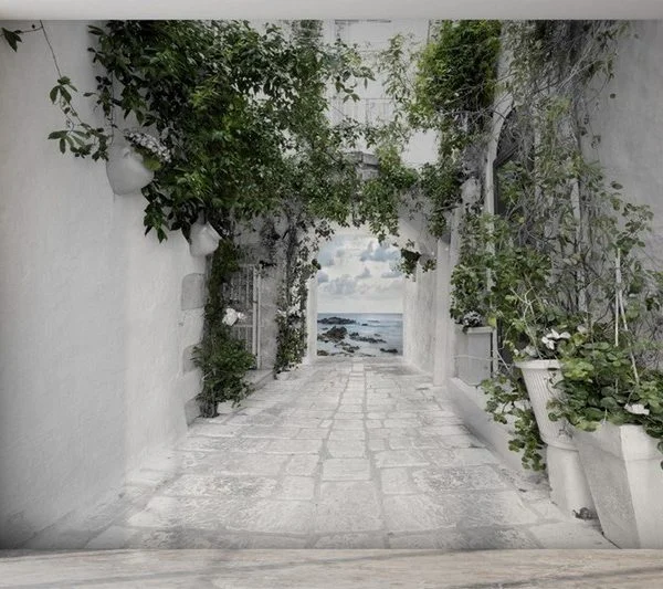 beyaz tas kemerli sonsuz deniz manzarali 3d derinlikli duvar kagidi