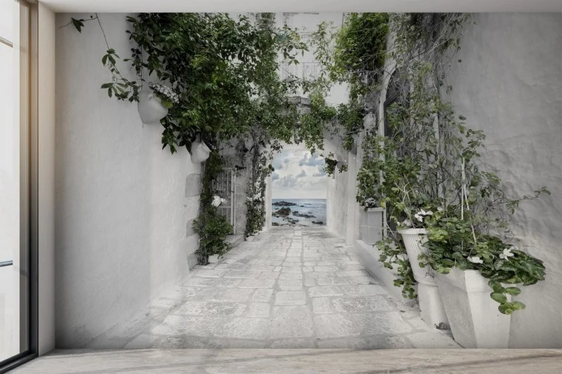 beyaz tas kemerli sonsuz deniz manzarali 3d derinlikli duvar kagidi