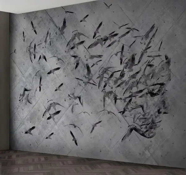 Beton Zemin Üzeri Kuş Figürlü Soyut İnsan Silüeti Duvar Kağıdı