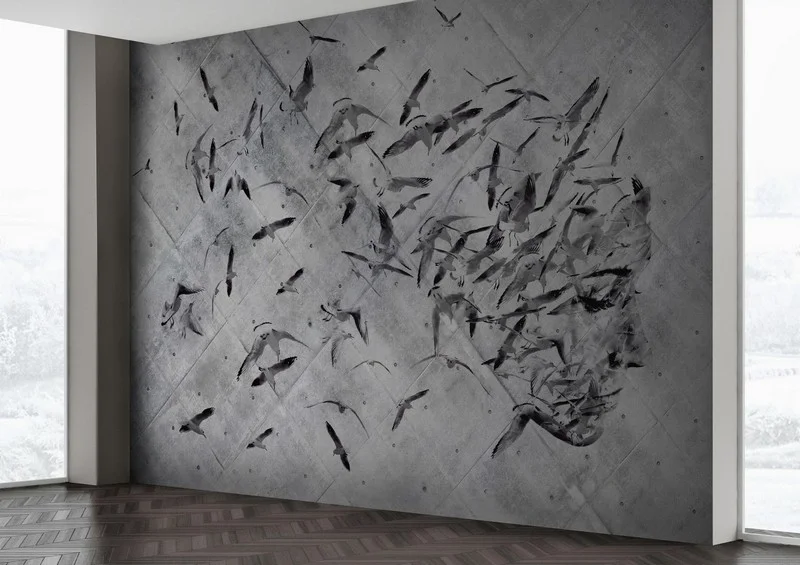 Beton Zemin Üzeri Kuş Figürlü Soyut İnsan Silüeti Duvar Kağıdı