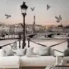 Paris Şehir Manzaralı Nostaljik Sanat Duvar Kağıdı Eiffel Kulesi ve Güvercinler Yılmaz Home Collection