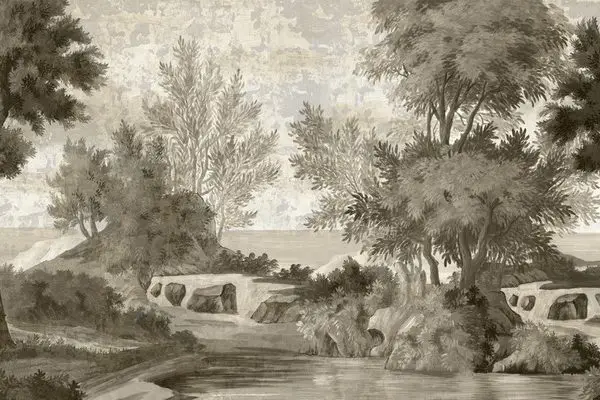 monochrome klasik nehir kiyisi ve agac manzarali duvar kagidi